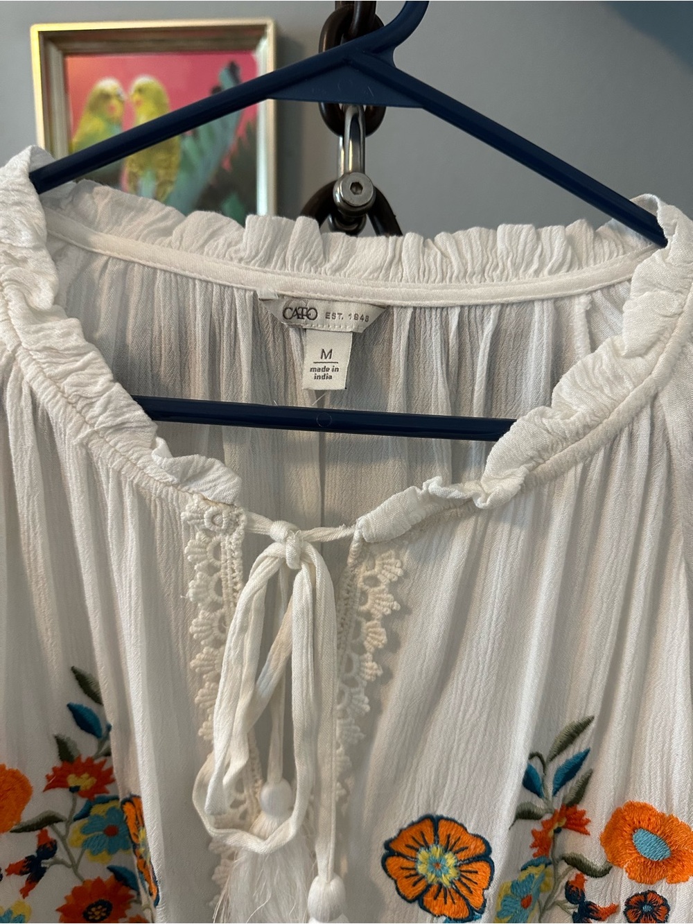 Boho Embroidered Peasant Blouse - White with Orange & Teal Floral Embroidery - Picture 3 of 4